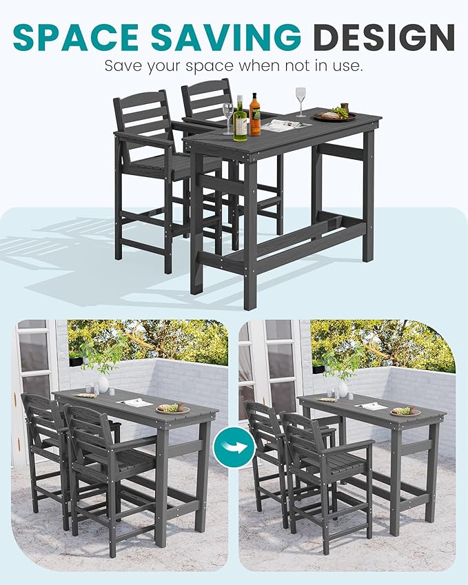SERWALL 41" Outdoor Bar Table with 1.6" Umbrella Hole, HDPE Patio Bar Counter Height Table, All-Weather Rectangle Bar Table for Backyard, Garden, Poolside, Balcony - Grey