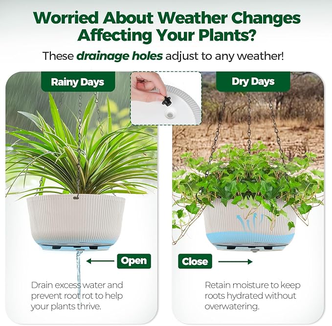 T4U Hanging Planter Self Watering 8 Inch, 2 Pack White Indoor Hanging Plant pots, Hanging Flower Pot with Drainage Hole & Plug & Chain with 3 Hooks for Garden Home Decor