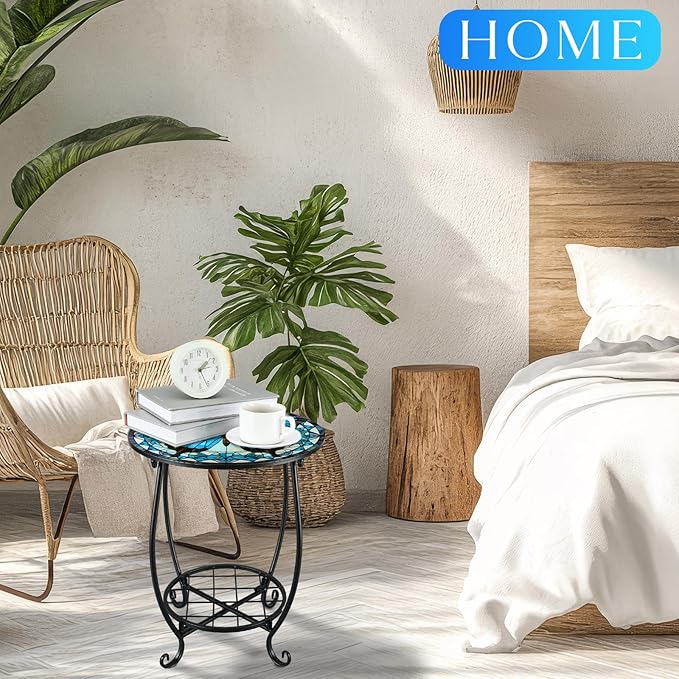 Outdoor Side Table Round Small Mosaic Patio Accent Indoor End Plant Coffee Tea Table for Yard Patio Porch Garden Living Room, Bedroom