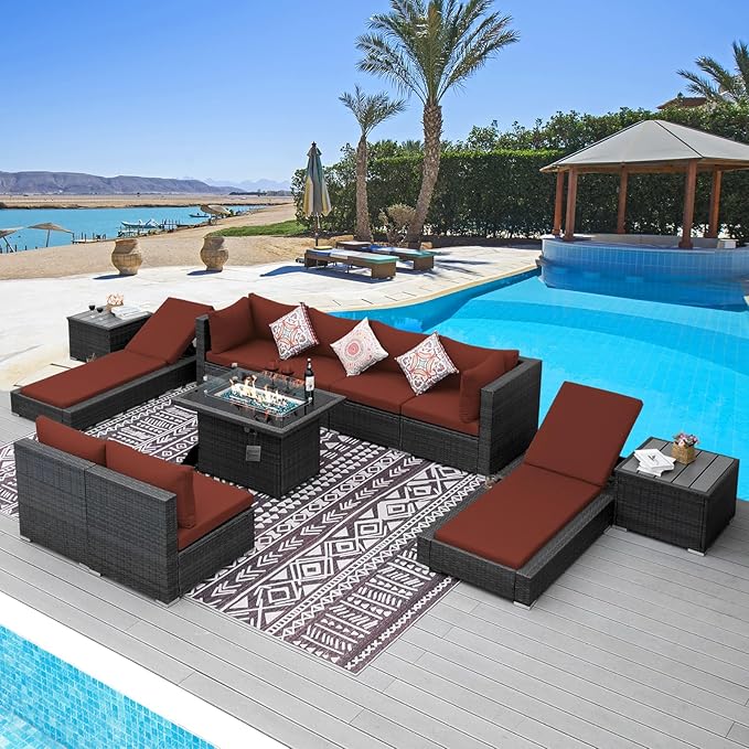 NICESOUL 11 Piece Outdoor Furniture with Fire Pit Propane/Gas, 29.3'' High Back Patio Sectional with Fire Pit & Chaise Lounge, 500 lbs Heavy Duty Large Deep Couches, 2 Color Cushion Burgundy & Gray