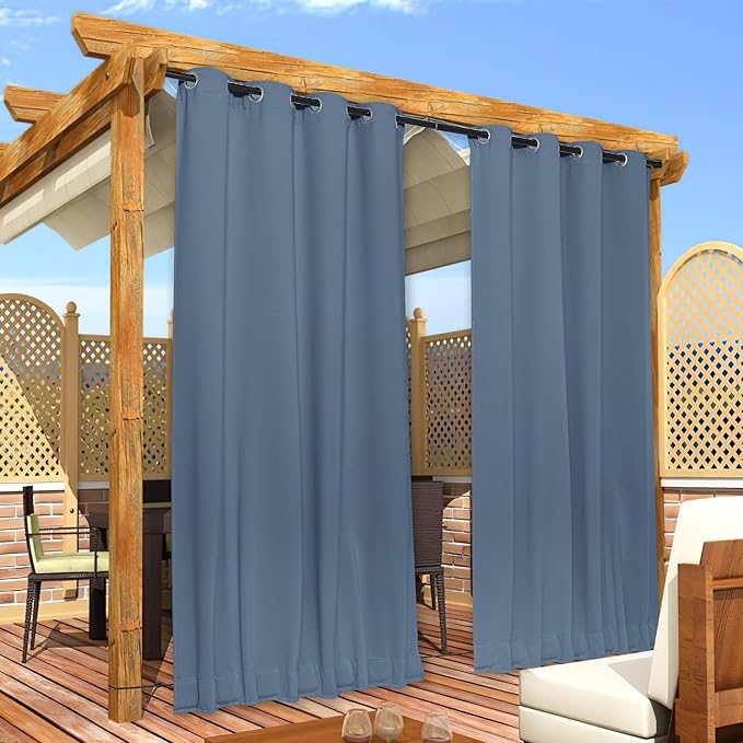 NICETOWN 2 Panels Outdoor Curtains for Patio Extra Wide 84", Waterproof & Windproof Grommet & Back Tab Fixed Top and Bottom Sun Blocking Privacy Drapes with Rope for Gazebo, Stone Blue, W84 x L84