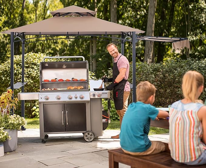 ABCCANOPY Grill Gazebo with Extra Awning - 11x5 Outdoor BBQ Canopy Shelter with 2 Led Lights for Patio Backyard Grilling (Khaki)