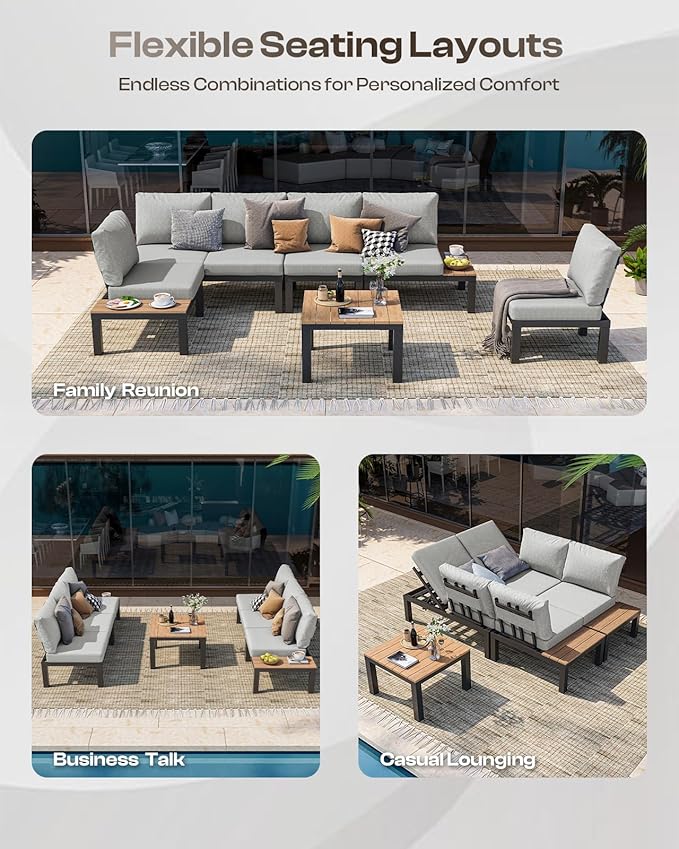 Aluminum Modular Outdoor Patio Furniture Set, 6 Seats Patio Sectional Sofa Set with Adjustable Backrest & Thick Cushions, All-Weather Conversation Sets with Table for Garden & Yard, Gray