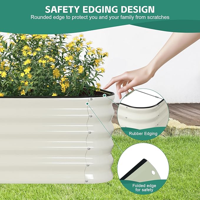 5 in 1Galvanized Raised Garden Bed - 8x3x1.4ft Modular Garden Planter Bed Outdoor | Steel Raised Bed Kit with Bracing Rods, Gloves for Gardening Vegetables Fruits and Flowers - White