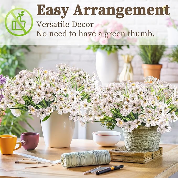 24 White Bundles Artificial Flowers for Outdoors/Indoors Fake Flowers Plants for Indoor Outside Garden Porch Window Box Home Wedding Farmhouse