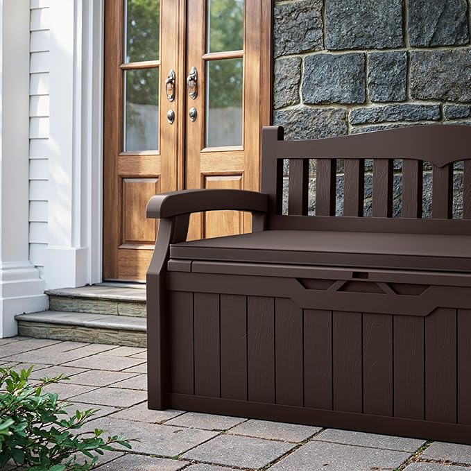 Devoko 80 Gallon Storage Bench with Cushion, Lockable Deck Box for Patio Furniture, Garden Decor and Outdoor Seating for Cushions, Garden Tools and Pool Supplies (Dark Brown, 80 Gallon with Cushion)