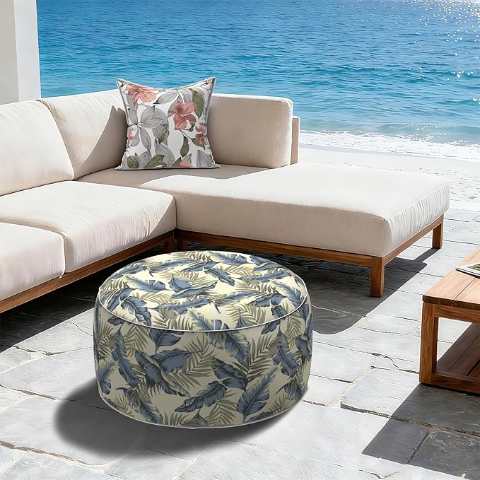 LVTXIII Outdoor Inflatable Ottoman, Fade-Resistant Round Footrest Stool D31”x H14”, Portable Patio Pouf for Garden Camping or Home Use, ‌Lush Palm Blue