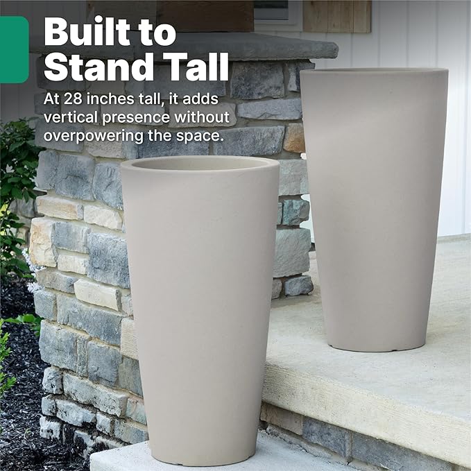 Step2 Tremont Tall Round Tapered Planter, 28" Tall 2-Pack, Indoor/Outdoor Plants, Efficient Drainage, Durable Resin, Concrete