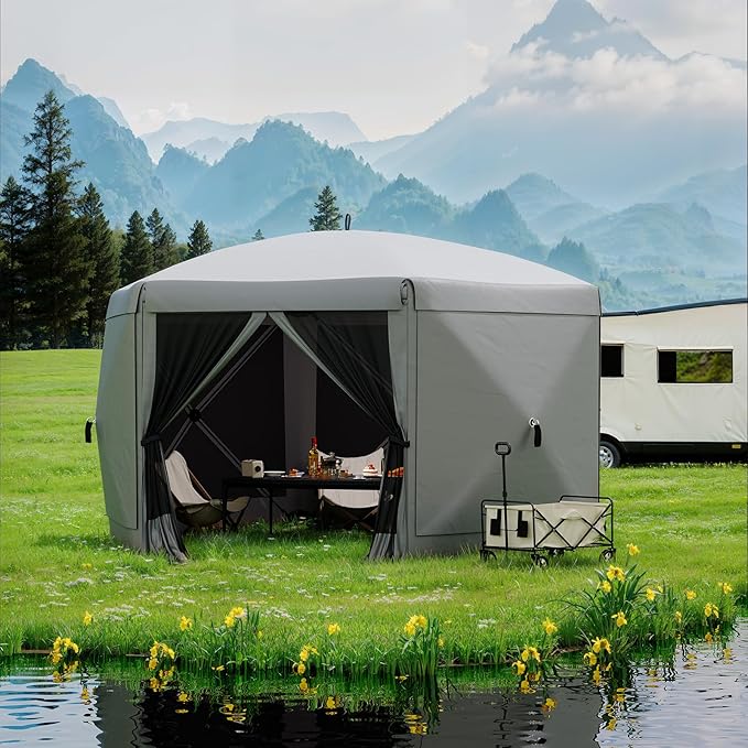 11.5x11.5FT 6-Sided Pop Up Gazebo Tent，One-Push Setup Canopy Tent with Mesh Panels & Removable Wind Cloths, Outdoor shelter for Camping, Backyard Parties, Outdoor Events - Grey