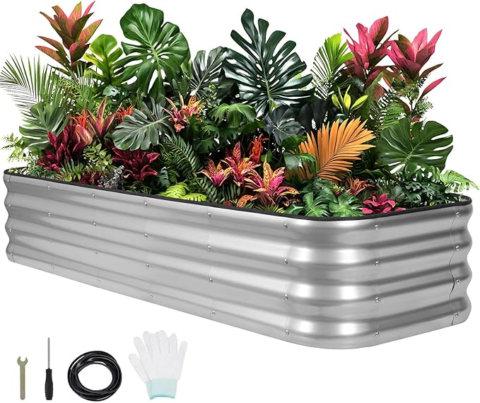 1MORE Raised Garden Bed -5X3X1 Galvanized Planter Box for Outdoor Gardening,4 in 1 Modular Raised Bed Kit with Protective Tape, Gloves for Herb,Ideal for Vegetables and Plants.Sliver-1Pcak