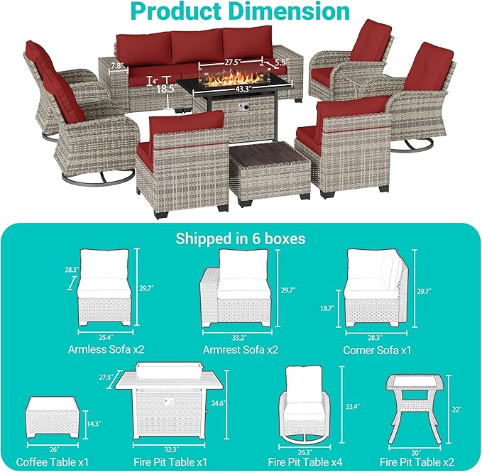 13-Piece Outdoor Patio Furniture Set with Rocking Swivel Chair, PE Wicker Rattan Sectional Sofa Patio Conversation Set with 55,000 BTU Fire Pit Table & Coffee Table, Red
