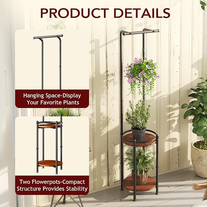 Plant Stand Indoor Outdoor - Heavy Duty Metal 2-tier Hanging Plant Holder Space-Saving Iron Plant Stands Tall Plant Shelf for Living Room Garden Balcony（Rustic Brown and Black）