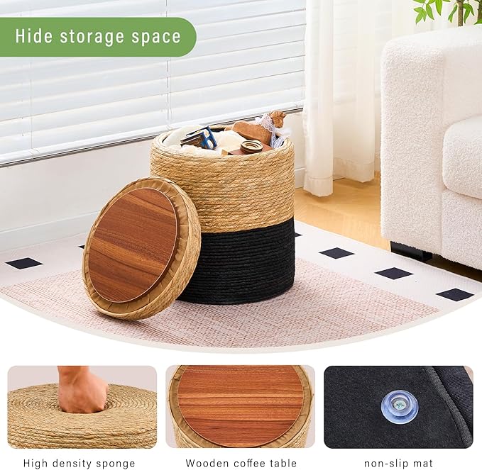 Wimarsbon Round Pouf Ottomans, Handwoven Natural Water Hyacinth Seagrass Pouffe,Outdoor Rattan Stool Accent Seat, Bohemian Coastal Home Decor (Storage -14inch Natural Cattail & Black Corn Shell)