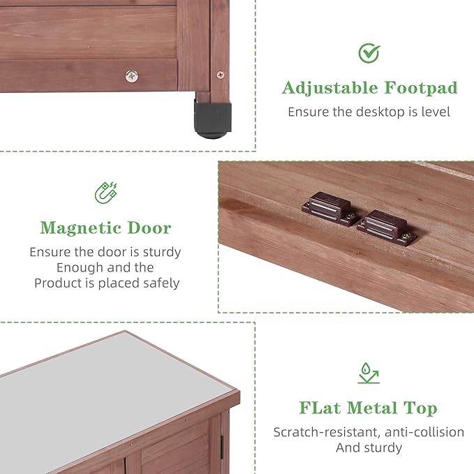 Outdoor Potting Bench with Storage Cabinet and Metal Top, Wood Workstation for Outdoor Patio, Garden (Dark Brown, 31x17x36‘’)