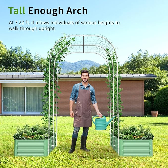 DoCred 3 in 1 Raised Garden Bed with 87in Tall Arch Trellis for Climbing Plants, Galvanized Planter Garden Box Outdoor for Gardening, Climbing Vegetables, Flower, Green