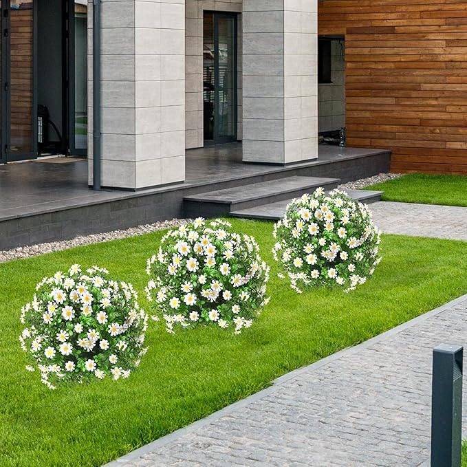 Artificial Topiary Bushes for Outdoors with Spike, Boxwood Ball Fake Shrubs UV Resistant Faux Plants for Indoor Outdoor Fall Thanksgiving Halloween Decor (Sunflower Boxwood White -2 Packs)