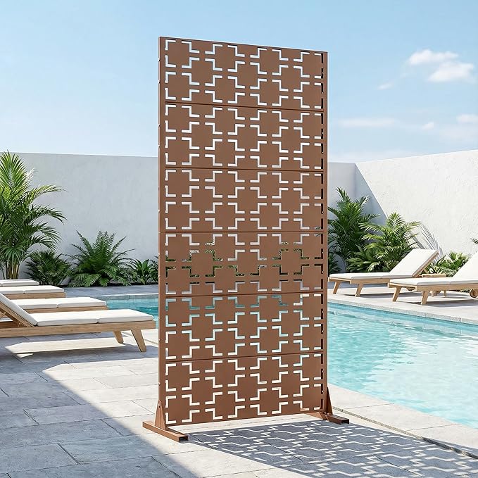 Casaphoria Metal Privacy Screen Outdoor, 72" H x 35" W Freestanding Decorative Privacy Screen for Patio Deck Balcony Garden with Stable Base, Brown-Square