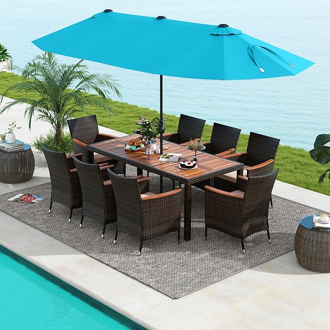 Tangkula 11 Pieces Rattan Outdoor Dining Set with 15Ft Solar Patio Umbrella for 8, Outdoor Wicker Table Set with 8 Cushioned Chairs, Acacia Wood Top, Outdoor Umbrella with Base Included