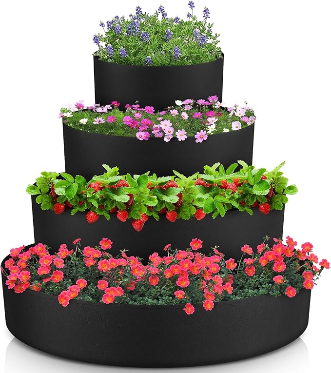4 Pcs Plant Grow Bags 4 Tiered Strawberry Planter Tower Fabric Raised Garden Beds, 39 Inch Nonwoven Strawberry Pyramid Planter for Vegetables Flower Herbs Gardening Outdoor Growing (Black)