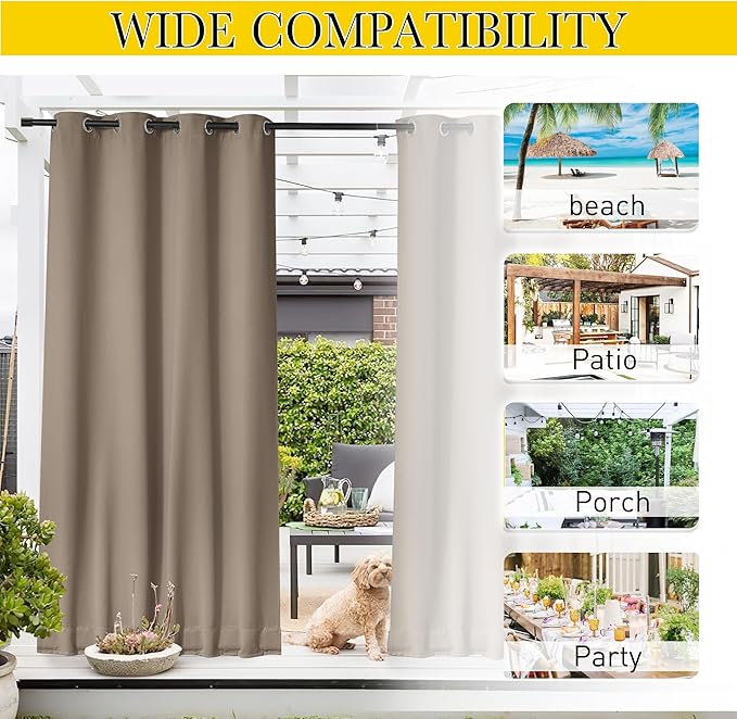 NICETOWN 2 Panels Outdoor Curtains Waterproof Fixed Grommet/Back Tab on Top & Bottom, Thermal Insulated Windproorf Sun Blocking Outdoor Drapes with Rope for Patio/Gazebo, W52 x L84, Soft Brown