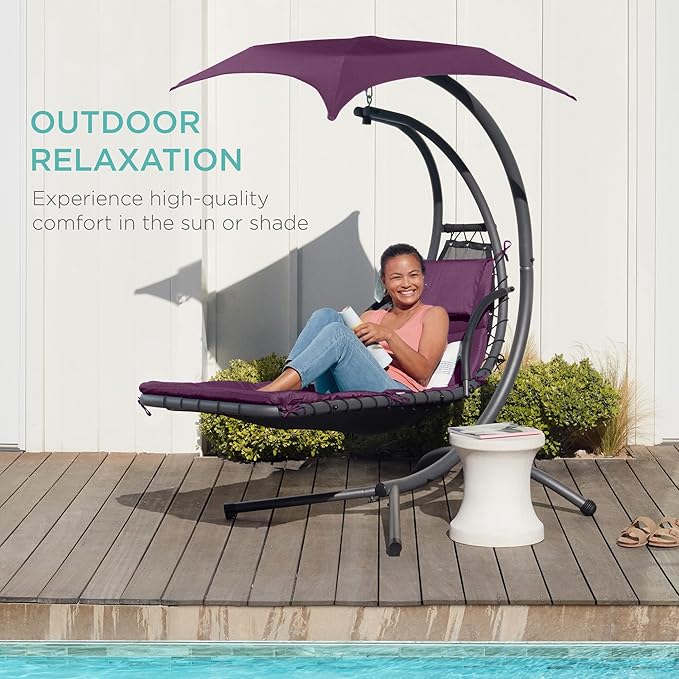 Best Choice Products Outdoor Hanging Curved Steel Chaise Lounge Chair Swing w/Built-in Pillow and Removable Canopy - Purple