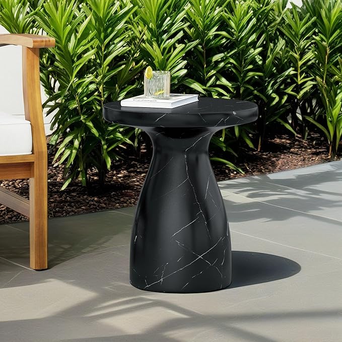 Christopher Knight Home Jayme Outdoor Side Table, Round Top Patio End Table Garden Stool, Lightweight Concrete Decorative Accent Table for Patio Balcony Beach Pool Side, Black Marble Finish