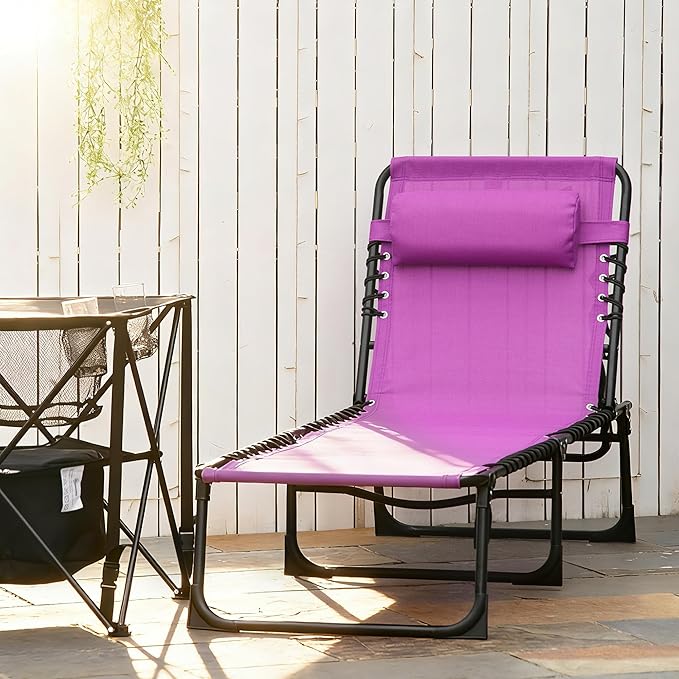 Outsunny Folding Chaise Lounge Chair, Patio Sun Tanning Chair, Outdoor Chaise Lounger with 4-Position Reclining Back, Breathable Mesh Seat for Beach, Poolside, Yard, Purple