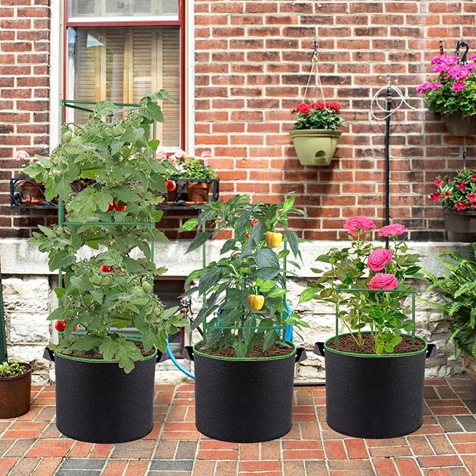 ANPHSIN 3 Sets Tomato Cages with 10 Gallon Grow Bags - 48" Stable Plant Garden Planter, Flowers Vegetable Trellis Pots for Tomato Vertical Climbing Plants Vines