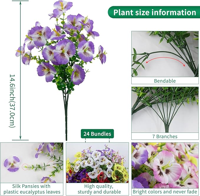 24 Bundles Artificial Pansy Flowers for Outdoor, Faux Silk Pansies Spring Flowers Outside for Planter Front Door Porch Patio Yard Window Box Home Decor (Purple, Yellow, White,Red)
