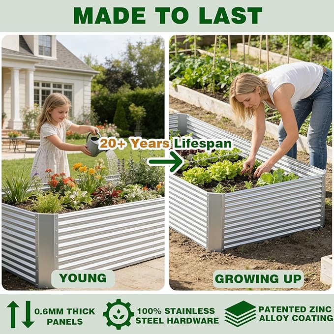2 Pack 4x2x1.4 ft, (16" Tall) Galvanized Steel Raised Garden Bed, Large Metal Planter for Vegetables, Herbs & Flowers, Durable Outdoor Garden Box for Yard, Terrace, and Balcony