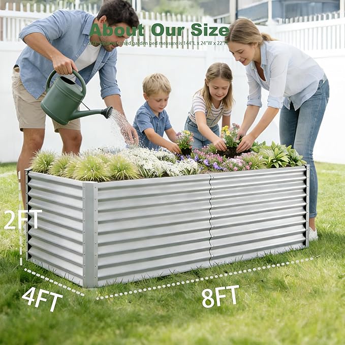 8x4x2ft Raised Garden Beds Kit, Galvanized Planter Garden Boxes Outdoor, Metal Raised Garden Beds for Vegetables,Fruits,Herb,Flower,Silver