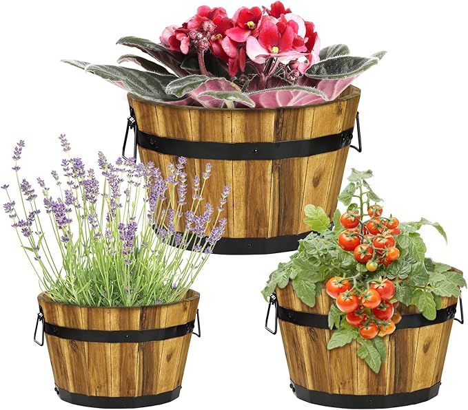 Idzo Set of 3 Wooden Flower Planters for Outdoor Plants, Acacia Wood Barrel Planters, Ergonomic Handles, Drainage Holes, Various Sizes, Golden Teak