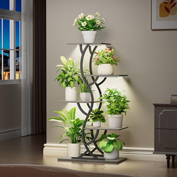 Plant Stand Indoor with Grow Lights - 44" Tall Corner Plant Stands for Indoor Plants, 5 Tiered Metal Plant Shelf, Curved Plant Flower Holder Dispaly Rack for Living Room, Home Patio Balcony (Gray)