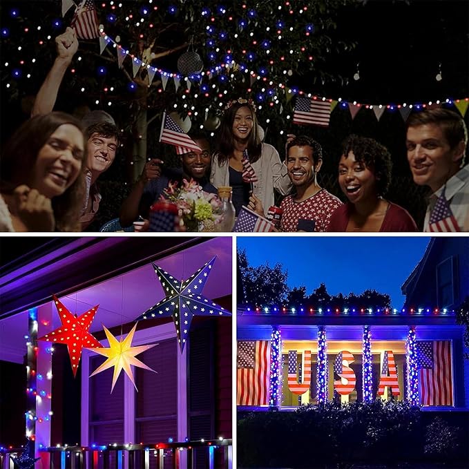 66Ft 200 LED Red White and Blue Fairy Lights Plug in, July 4th Waterproof String Lights 8 Modes with Timer for Indoor and Outdoor, American Flag Twinkle Lights for Independence Day, National Day