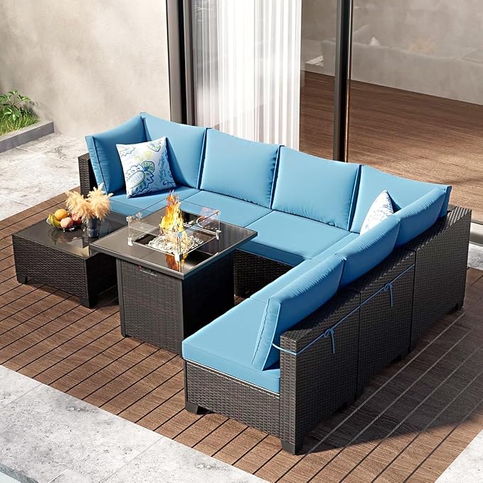 8-Piece Patio Furniture Set with 50,000 BTU Fire Pit Table - Wicker Outdoor Sectional Sofa with Thick Waterproof Cushions, Complete Conversation Set for Backyard Garden(Brown & Peacock Blue)