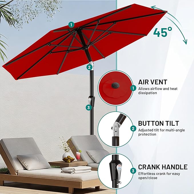 AreShark 9 FT Patio Umbrella for Outdoor, Outdoor Table Umbrella with Push Button Tilt and Crank, Outdoor Patio Umbrellas with 8 Sturdy Ribs for Market, Garden, Pool (Red)