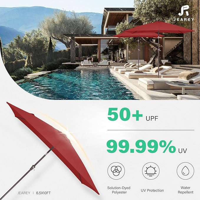 JEAREY 6.5x10 ft Rectangular Patio Umbrellas Rectangle Outdoor Umbrella with Push Button Tilt and Crank, Market Table Umbrella 6 Sturdy Ribs UV Protection for Poolside Garden Backyard Deck, Red