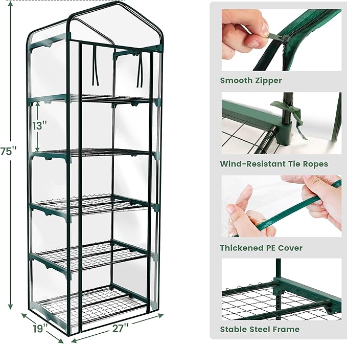 Worth Garden 5 Tier Mini Greenhouse - 75'' H x 27'' L x 19'' W - Sturdy Portable Gardening Shelves with PVC Cover - Small Porch Green House for Growing Plants Flowers Indoor & Outdoor