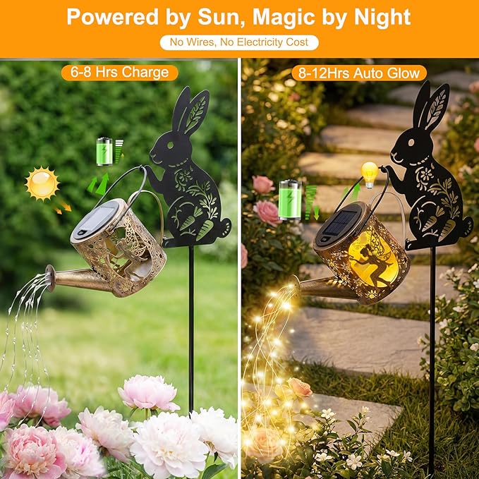Solar Watering Can Light with Bunny Silhouette Stake & Fairy Design - Cascading LED String Light for Garden Yard Patio Decor, IP65 Waterproof Outdoor Gift for Mom, Women, Birthday, Housewarming