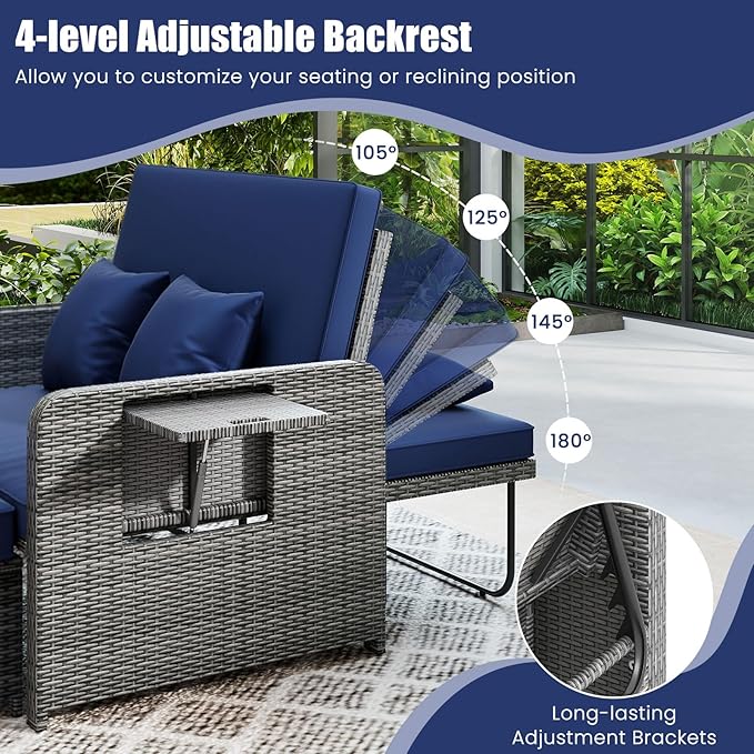 Tangkula Patio Rattan Daybed with 4-Level Adjustable Backrest, Outdoor PE Wicker Loveseat with Storage Ottoman & Folding Side Table, Double Sunbed for Balcony, Backyard & Poolside, Navy & Grey