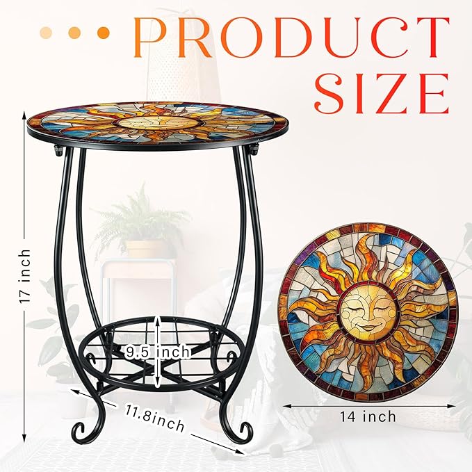 Outdoor Side Table Round Small Mosaic Patio Accent Indoor End Plant Coffee Tea Table for Yard Patio Porch Garden Living Room, Bedroom(Sun Style,14 Inch)