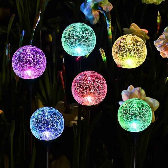 SOLPEX Solar Garden Lights 6 Pack, Solar Lights Outdoor Decorative, Solar Globe Lights Outdoor Waterproof for Yard and Garden, Multi-Color Changing Cracked Glass Ball LED Lights