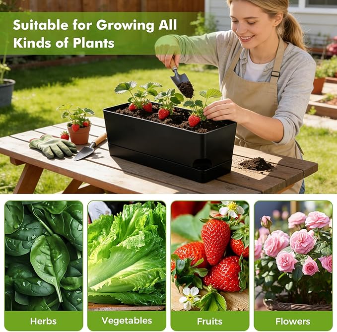Self Watering Pots for Indoor Plants 17 Inches Window Boxes Planters Rectangular Flower Pots Rectangle Herb Pots Large Plant Pots with Drainage Holes and Saucers Windowsill Planter (2, Black)