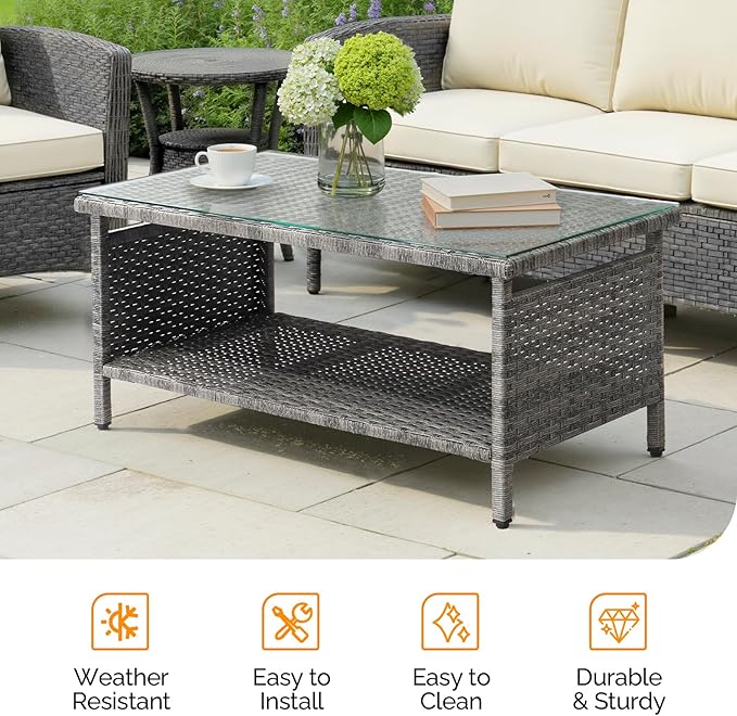 VINGLI Outdoor Wicker CoffeeTable Patio Coffee Tables for Outside, Tempered Glass Top Wicker Table with Storage Coffee Table for Patio Balcony Porch Deck (Gray)