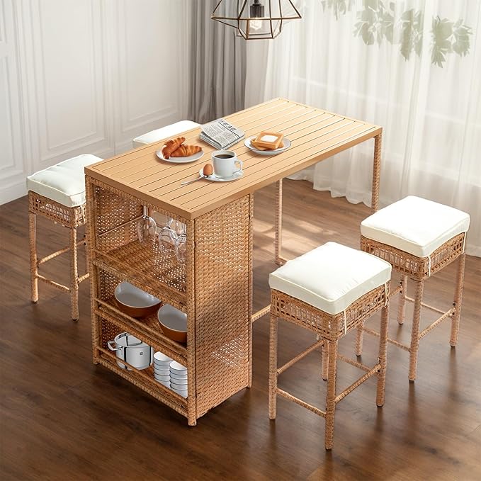 Outvita 5-Piece Outdoor Bar Set, Wicker Rattan Bar Height Patio Set w/4 Cushion Bar Stools & Table with Hidden Storage, Outdoor High Top Table and Chairs Set for Backyard, Balcony, Garden and Poolside