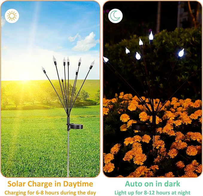 2 Pack Each 8 LEDs Solar Garden Lights Waterproof Outdoor Landscape Path Firefly Lights Single Spike Bulb Swaying Light Cold White