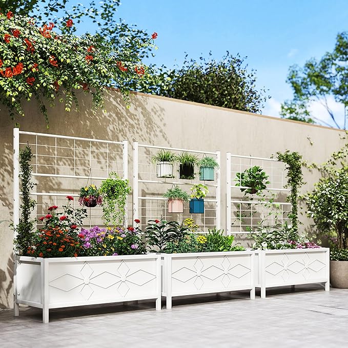 Outsunny Planter Box with Trellis, 35.4 x 15.7 x 47.2 inch Raised Garden Bed with Drainage Holes, Planters for Outdoor Plants, Vegetables, Flowers, Herbs, Trellis Planter, White
