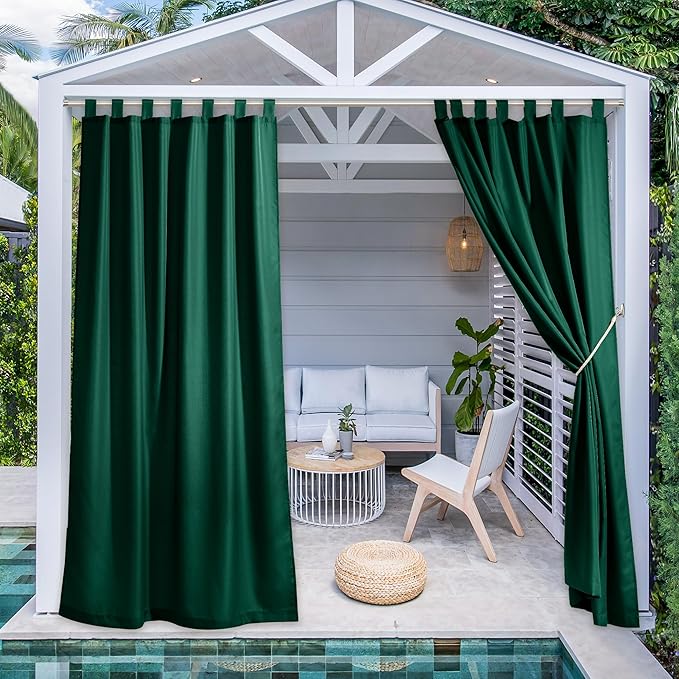 NICETOWN 2 Panels Outdoor Waterproof Curtains with Tab Top, Thermal Insulated Inside Outside Vertical Drapes Privacy Protected for Valley/Yard/Cabana (W55 x L108, Dark Green)