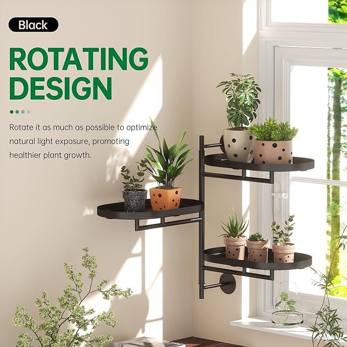 Rotating Window Shelves for Multiple Plants Indoor,3-tier Metal Corner Black Plant Stand Holder Floating Hanger Shelf for Wall，Windows Sill Gifts for Planter Lover to Enhance Home Decor