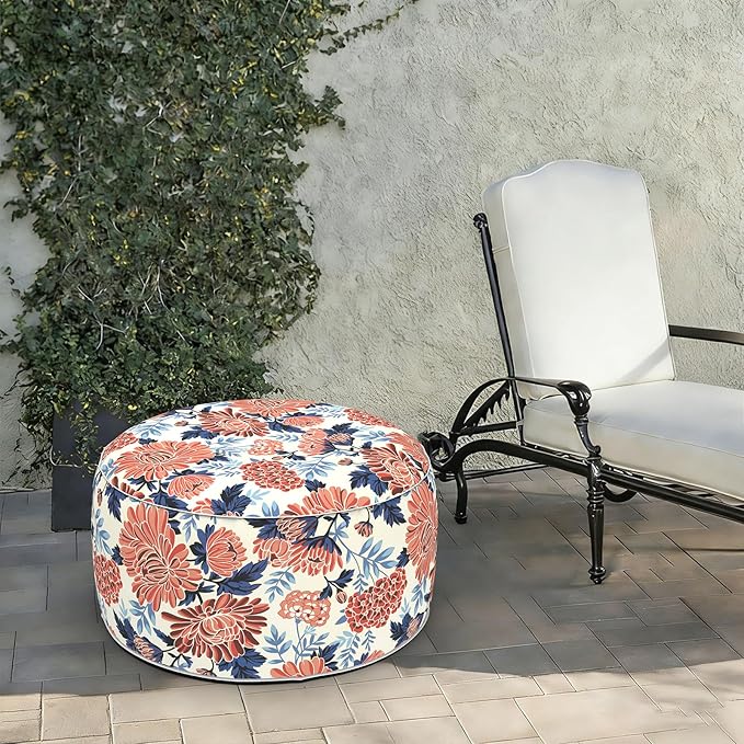 LVTXIII Indoor/Outdoor Extra Large Inflatable Ottoman Pouf D31 x H14 Inch, Round Footstool with Handle, Weather-Resistant Portable Furniture for Patio, Camping, Beach, Vibrant Blossom